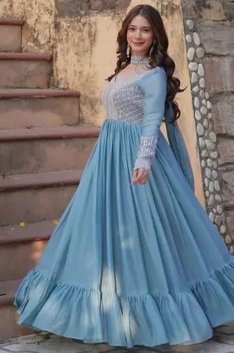 Blue zari & sequins embroidered work georgette stitched kurta & dupatta set