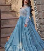 Blue zari & sequins embroidered work georgette stitched kurta & dupatta set