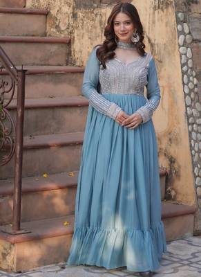 Blue zari & sequins embroidered work georgette stitched kurta & dupatta set 2
