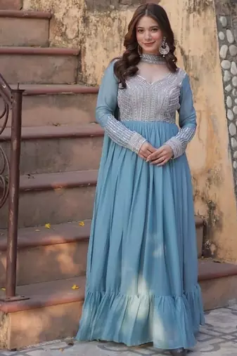 Blue zari & sequins embroidered work georgette stitched kurta & dupatta set