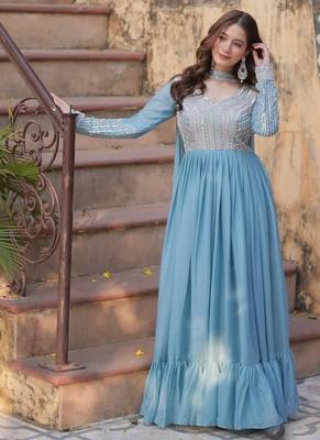 Blue zari & sequins embroidered work georgette stitched kurta & dupatta set 3
