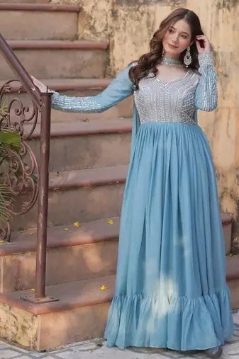 Blue zari & sequins embroidered work georgette stitched kurta & dupatta set
