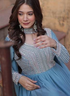 Blue zari & sequins embroidered work georgette stitched kurta & dupatta set 4