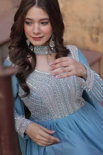 Blue zari & sequins embroidered work georgette stitched kurta & dupatta set