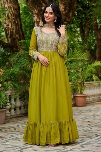 Dark green zari & sequins embroidered work georgette stitched kurta & dupatta set