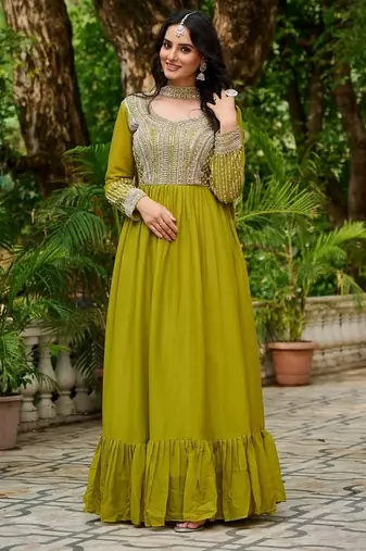 Dark green zari & sequins embroidered work georgette stitched kurta & dupatta set