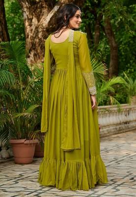 Dark green zari & sequins embroidered georgette kurta & dupatta set 3
