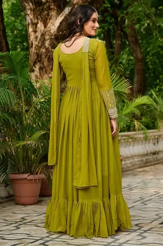 Dark green zari & sequins embroidered georgette kurta & dupatta set