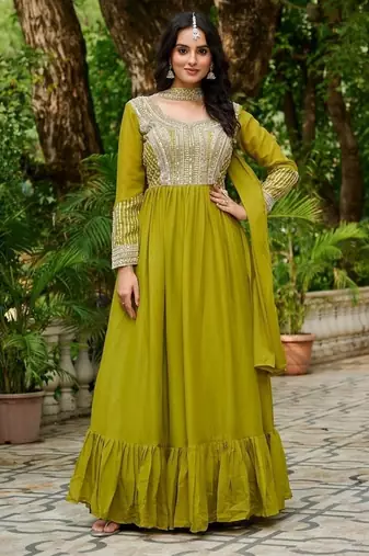 Dark green zari & sequins embroidered georgette kurta & dupatta set