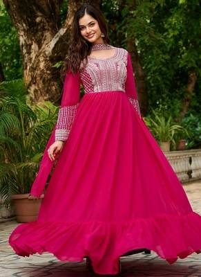 Pink zari & sequins embroidered georgette kurta & dupatta set 1