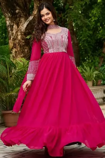 Pink zari & sequins embroidered work georgette stitched kurta & dupatta set