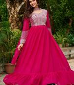 Pink zari & sequins embroidered work georgette stitched kurta & dupatta set