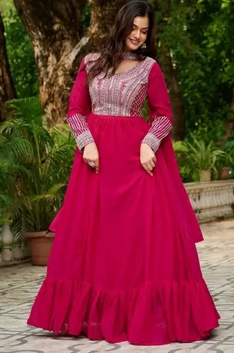 Pink zari & sequins embroidered georgette kurta & dupatta set