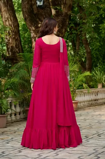Pink zari & sequins embroidered georgette kurta & dupatta set