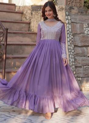 Purple zari & sequins embroidered georgette kurta & dupatta set 1