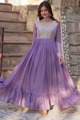 Purple zari & sequins embroidered work georgette stitched kurta & dupatta set