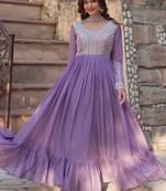 Purple zari & sequins embroidered georgette kurta & dupatta set