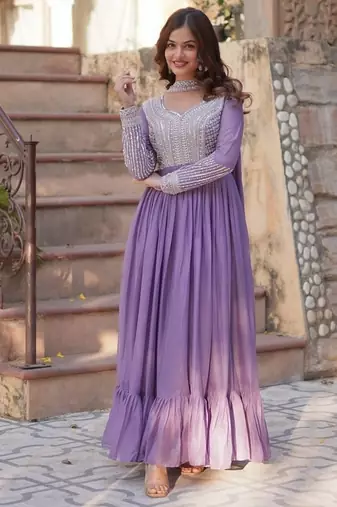 Purple zari & sequins embroidered georgette kurta & dupatta set