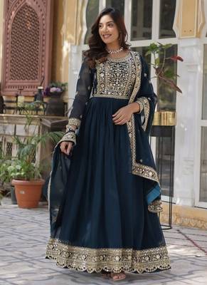 Teal zari & sequins embroidered work georgette stitched kurta & dupatta set 1