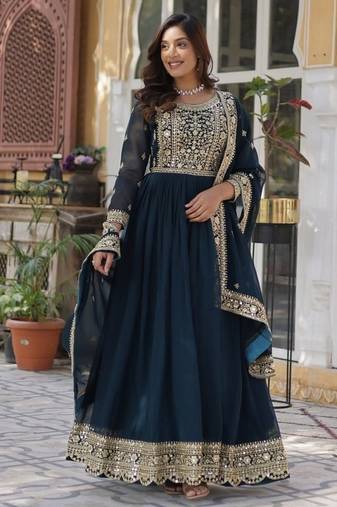 Teal zari & sequins embroidered work georgette stitched kurta & dupatta set