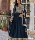 Teal zari & sequins embroidered work georgette stitched kurta & dupatta set