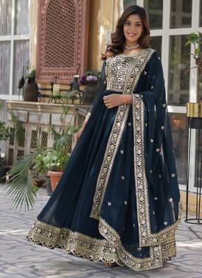 Teal zari & sequins embroidered work georgette stitched kurta & dupatta set 2