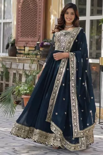 Teal zari & sequins embroidered work georgette stitched kurta & dupatta set