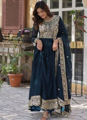 Teal zari & sequins embroidered work georgette stitched kurta & dupatta set 4