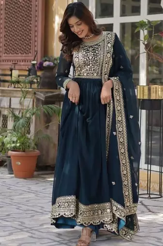 Teal zari & sequins embroidered work georgette stitched kurta & dupatta set