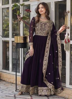 Wine zari & sequins embroidered georgette kurta & dupatta set 1