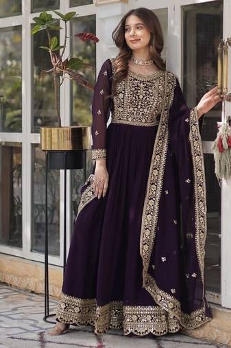 Wine zari & sequins embroidered work georgette stitched kurta & dupatta set