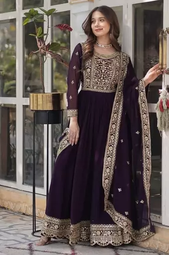 Wine zari & sequins embroidered work georgette stitched kurta & dupatta set