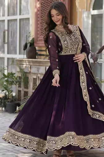 Wine zari & sequins embroidered georgette kurta & dupatta set