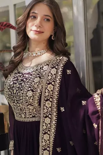 Wine zari & sequins embroidered georgette kurta & dupatta set