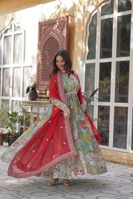 Red zari & sequins embroidered work russian silk stitched kurta & dupatta set 1