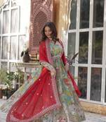 Red zari & sequins embroidered work russian silk stitched kurta & dupatta set