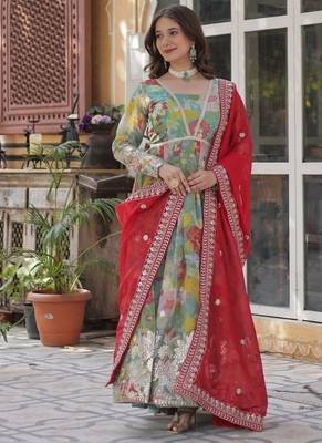 Red zari & sequins embroidered work russian silk stitched kurta & dupatta set 2