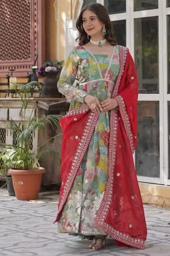 Red zari & sequins embroidered work russian silk stitched kurta & dupatta set