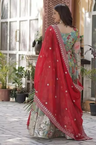 Red zari & sequins embroidered work russian silk stitched kurta & dupatta set