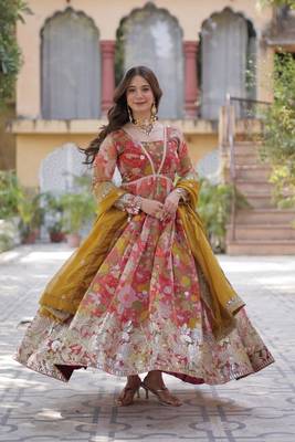 Mustard zari & sequins embroidered russian silk kurta & dupatta set 1