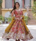 Mustard zari & sequins embroidered russian silk kurta & dupatta set