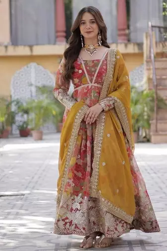 Mustard zari & sequins embroidered russian silk kurta & dupatta set