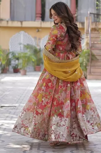 Mustard zari & sequins embroidered russian silk kurta & dupatta set