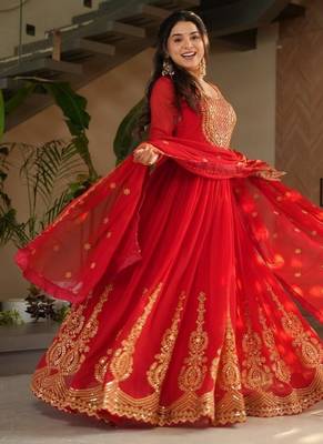 Red zari & sequins embroidered work georgette stitched kurta & dupatta set 1