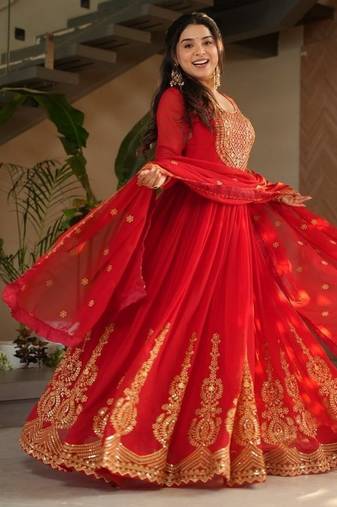 Red zari & sequins embroidered work georgette stitched kurta & dupatta set