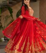 Red zari & sequins embroidered work georgette stitched kurta & dupatta set