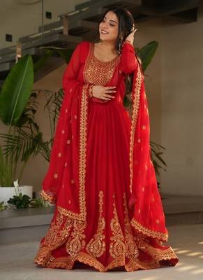 Red zari & sequins embroidered work georgette stitched kurta & dupatta set 2