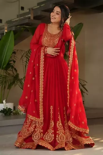 Red zari & sequins embroidered work georgette stitched kurta & dupatta set