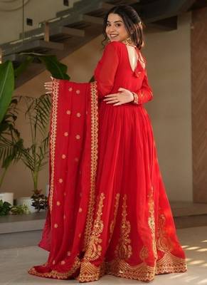 Red zari & sequins embroidered work georgette stitched kurta & dupatta set 3