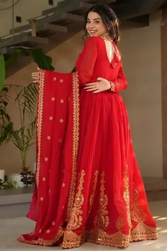 Red zari & sequins embroidered work georgette stitched kurta & dupatta set